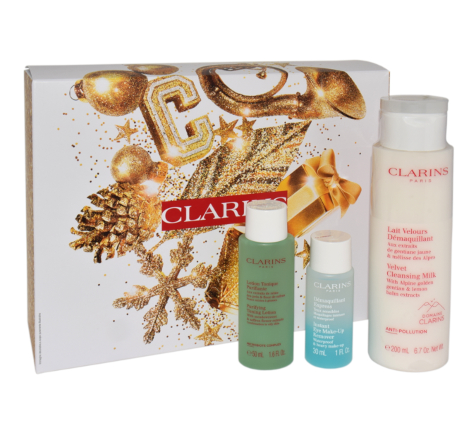 CLARINS SET (VELVET CLEANSING MILK 200ML + INSTANT EYE MAKE-UP REMOVER 30ML + PURIFYING TONING LOTION 50ML)