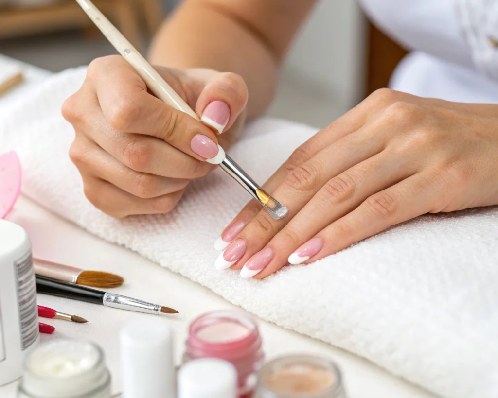 Hybrydowy french na paznokciach krok po kroku. Jak go zrobić z paskami i bez?